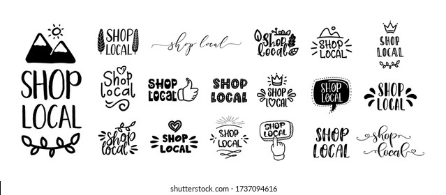 SHOP LOCAL Set Of Hand Drawn Text And Doodles Badges, Logo, Icons. Handwritten Modern Vector Brush Lettering Typography And Calligraphy - Shop Local On A White Background. Small Shop, Local Business.