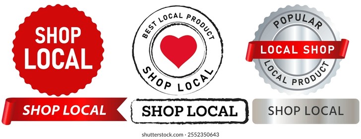 Shop local support locally market economic retail commerce advertisement marketing sale stamp colorful badges emblem sticker label banner ribbon medal grunge texture design icon set collection