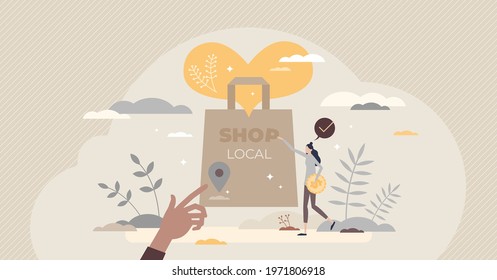 Shop local and support small business with your purchase tiny person concept. Market loyalty and sustainable product protection with organic grocery buying straight from farmer vector illustration.