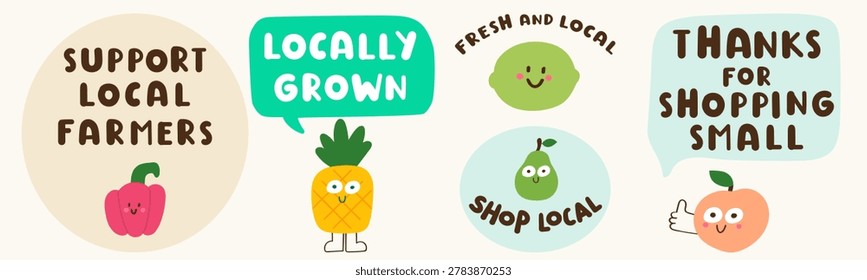 Shop local and support small business badge set with cute food characters for organic market packaging