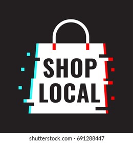 Shop local. Vector icon illustration with glitch effect on black background.