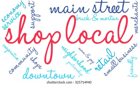 Shop Local word cloud on a white background. 