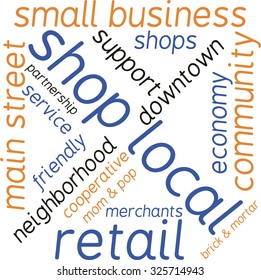 Shop Local word cloud on a white background. 