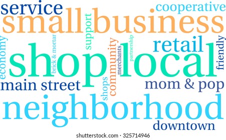 Shop Local word cloud on a white background. 
