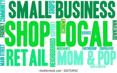 Shop Local word cloud on a white background. 