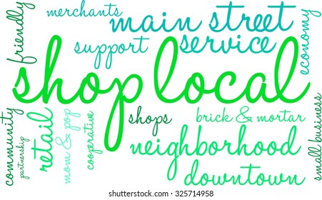 Shop Local word cloud on a white background. 