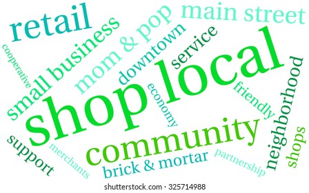 Shop Local word cloud on a white background. 