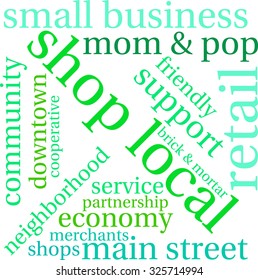 Shop Local word cloud on a white background. 