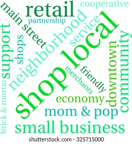 Shop Local word cloud on a white background. 