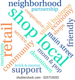 Shop Local word cloud on a white background. 