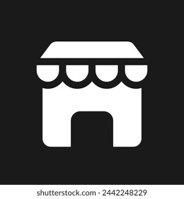 Shop location dark mode glyph ui icon. Grocery store. Retail business. User interface design. White silhouette symbol on black space. Solid pictogram for web, mobile. Vector isolated illustration