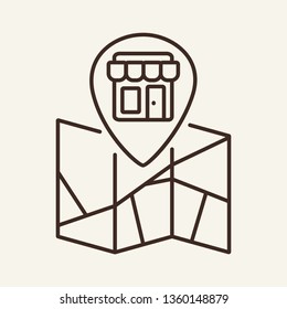 Shop location line icon. Mark pointer, pin, map, storefront. Shopping concept. Vector illustration can be used for navigation, guide, address