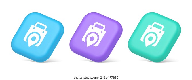 Shop location map pin with shopping bag button web app design realistic blue purple and green icons. Store commercial retail navigation commercial service market supermarket