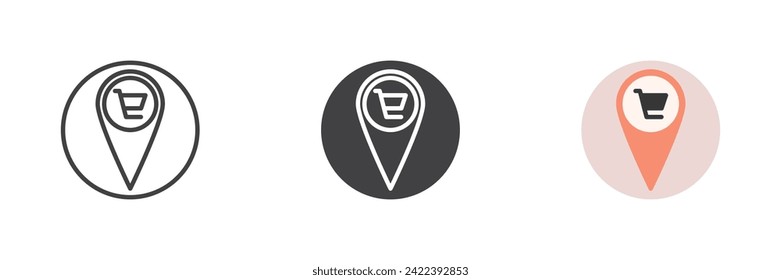 Ver la ubicación del pin conjunto de iconos de estilos diferentes. Línea, glifo y contorno relleno versión colorida, contorno y signo vectorial relleno. Marcador de mapa con símbolo de carro de la compra, ilustración de logotipo. Gráficos vectoriales