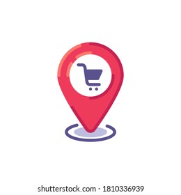 Shop location pin flat icon, vector sign, map marker with shopping cart colorful pictogram isolated on white. Symbol, logo illustration. Flat style design