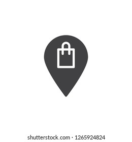Shop location pin vector icon. filled flat sign for mobile concept and web design. Shopping bag and map marker simple solid icon. Symbol, logo illustration. Pixel perfect vector graphics
