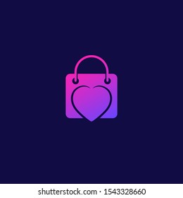 Shop logo with bag and heart, vector