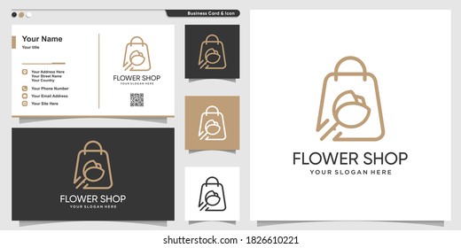 Shop logo with beauty flower line art style and business card design template Premium Vector