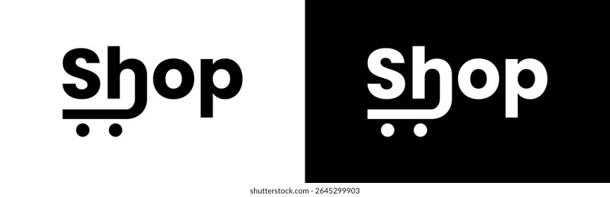 Shop Logo design. Modern wordmark Shop with trolley logo design. In black and white version vector illustration.