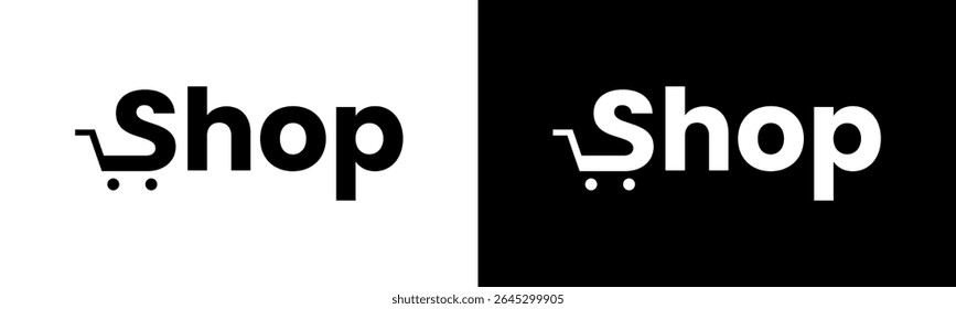 Shop Logo design. Modern wordmark Shop with trolley logo design. In black and white version vector illustration.