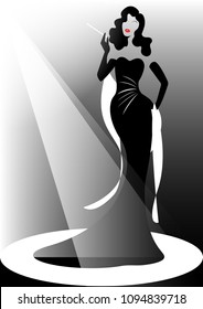 shop logo fashion woman, Beautiful brunette silhouette diva. Company logo design, Beautiful cover girl retro in elegant black dress, vintage woman smoking a cigarette holder, vector  isolated or black