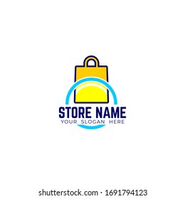 shop logo template isolated for E commerce, store, mall, discount, button, icon and many more. In yellow paper bag with circle concept.