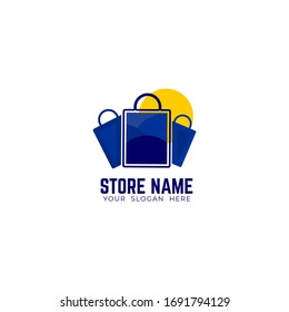 shop logo template isolated for E commerce, store, mall, discount, button, icon and many more. in three blue paper bag design concept.