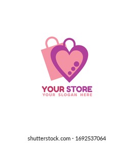 Shop Logo Vorlage einzeln für Ihr Geschäft, E-Commerce, Shop, Mall, Rabatt, Schaltfläche, Symbol und viele mehr. in Shopping-Tasche und Liebeskonzept.