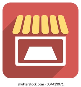 Shop long shadow vector icon. Style is a flat symbol on a red rounded square button.