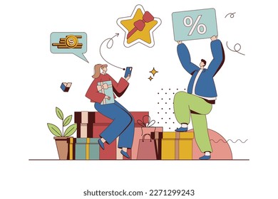 Shop-Loyalitätsprogramm Konzept mit Charaktersituation in flachem Design. Stammkunden erhalten Bonusgeschenke und Discount-Karten aus dem Geschäft. Vektorgrafik mit Menschen-Szene für Web