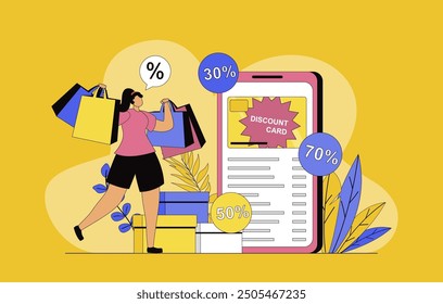 Shop loyalty program concept with modern flat design for web. Woman receiving discount card with cumulative bonuses for regular customer from store and making bargain purchases. Vector illustration.