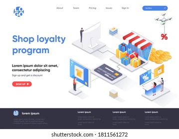 Shop loyalty program isometric landing page. Marketing strategy of attracting and retaining customers isometry concept. Online retail loyalty flat web page. Vector illustration with people characters.