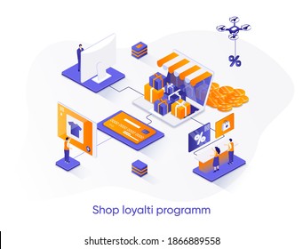 Shop loyalty program isometric web banner. Marketing strategy of attracting, retaining customers isometry concept. Online retail loyalty 3d scene design. Vector illustration with people characters.