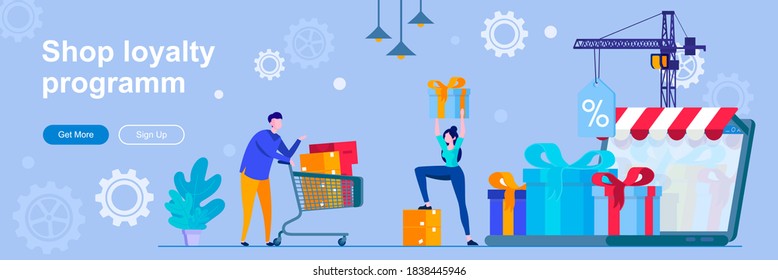 Shop loyalty program landing page with people characters. Attracting and retaining customers banner. Marketing strategy vector illustration. Flat concept great for social media promotional materials.