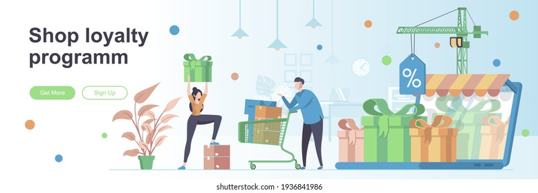Ver la página de inicio del programa de fidelidad con personajes de personas. Atraer y retener banner de los clientes. Ilustración vectorial de estrategia de marketing. Concepto plano ideal para materiales promocionales de medios sociales.