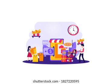 shop at the mall using a trolley with your closest friends. Vector illustration