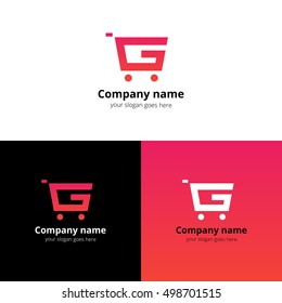 Shop Market Logo, icon. Vector abstract logotype with letter G and flat trend red-pink gradient color template for shopping discount or business company.