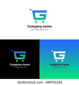Logotipo do mercado de compras, ícone. Logotipo abstrato vetorial com letra G e tendência plana modelo de cor gradiente azul-verde para desconto de compras ou empresa de negócios.