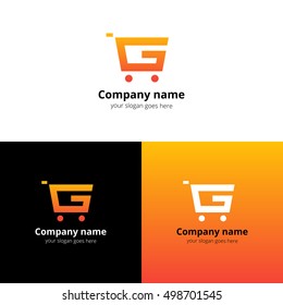 Shop Market Logo, icon. Vector abstract logotype with letter G and flat trend red-orange gradient color template for shopping discount or business company.
