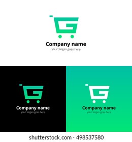 Shop Market Logo. Vector abstract logotype with flat trend light green gradient color template for shopping discount or business company.