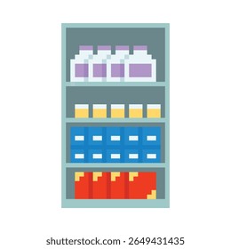 Shop market shelves with products in boxes and bottles packages pixel art vector icon. Cartoon containers, food storage in assortment, meal packing. Pixelated for 8 bit retro video game