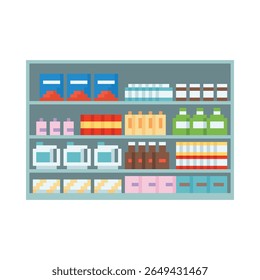 Lojas prateleiras do mercado com produtos em caixas coloridas e garrafas pacotes pixel art vetor ícone. Embalagem de refeição de recipientes de desenhos animados, armazenamento de alimentos em sortimento isolado. Pixelated 8 bit retro videogame