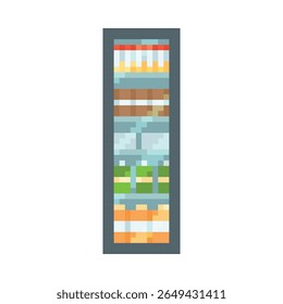 Prateleira do mercado de loja, vitrine com produtos em caixas e garrafas pacotes pixel art vetor ícone. Recipientes de desenhos animados, armazenamento de alimentos em sortimento, embalagem de refeições. Pixelizado para jogo de vídeo retro de 8 bits
