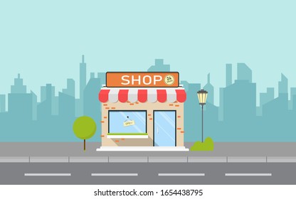 Shop or market store front exterior facade. Vector stock illustration.