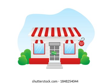 Shop or market store front exterior facade. Vector illustration, flat design. Online shop payment. Small business. Store label.