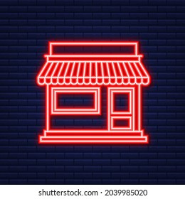 Shop Or Market Store Front Exterior Facade. Neon Icon. Vector Illustration.