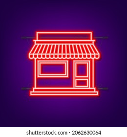 Shop Or Market Store Front Exterior Facade. Neon Icon. Vector Illustration