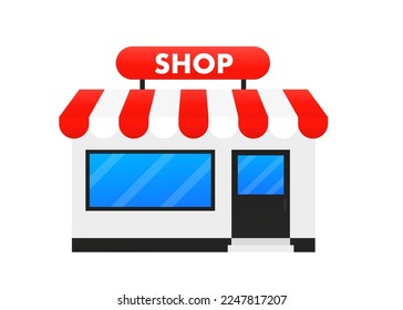 Shop or market store front exterior facade, store door front building local window. Vector illustration