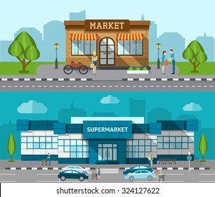 Shop market and supermarket buildings flat horizontal banner set isolated vector illustration