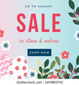 Shop market web banner - Easter sale banner background template with beautiful colorful spring flowers and eggs - Modern
vector concept of digital illustration

